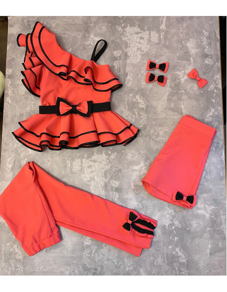 Coral and black trim girl suit with top, shorts and pants/ Casual suit/ Girls casual wear/ Ruffles three pieces suit/ Casual pageant outfit