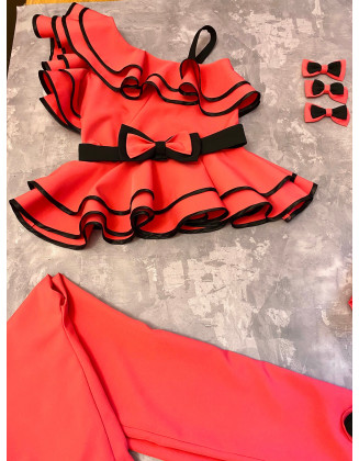 Coral and black trim girl suit with top, shorts and pants/ Casual suit/ Girls casual wear/ Ruffles three pieces suit/ Casual pageant outfit