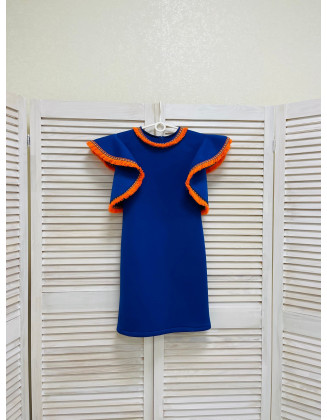 Royal blue girl neoprene scuba dress with ruffle sleeves and hot orange trim/ Interview dress/ Girls casual wear/ Custom pageant outfit