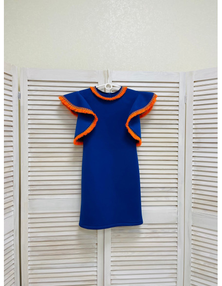 Royal blue girl neoprene scuba dress with ruffle sleeves and hot orange trim/ Interview dress/ Girls casual wear/ Custom pageant outfit