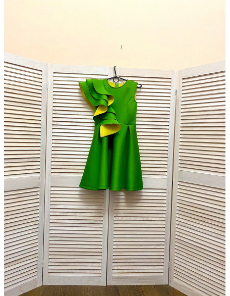 Green yellow girl neoprene scuba dress with ruffles/ Interview pageant dress/Girls pageant wear/ Ruffles dress/ Custom pageant outfit