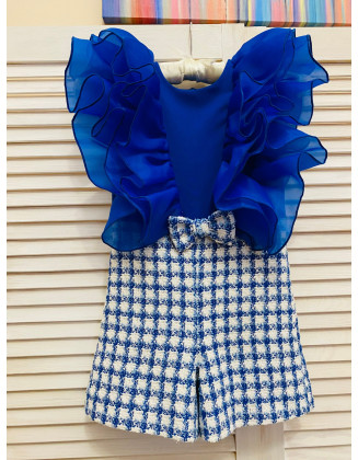 Royal blue white tweed girls pageant romper with organza ruffles/ Girls casual outfit/ Pageant casual wear/ Custom pageant outfit