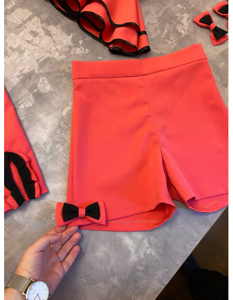 Coral and black trim girl suit with top, shorts and pants/ Casual suit/ Girls casual wear/ Ruffles three pieces suit/ Casual pageant outfit