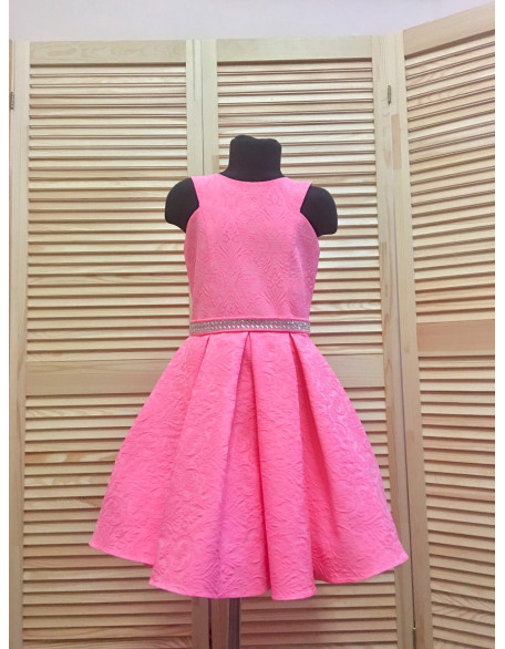 Neon hot pink pattern pageant interview dress with rhinestones belt/ Pageant girls dress/ Cocktail dress/ Custom pageant dress