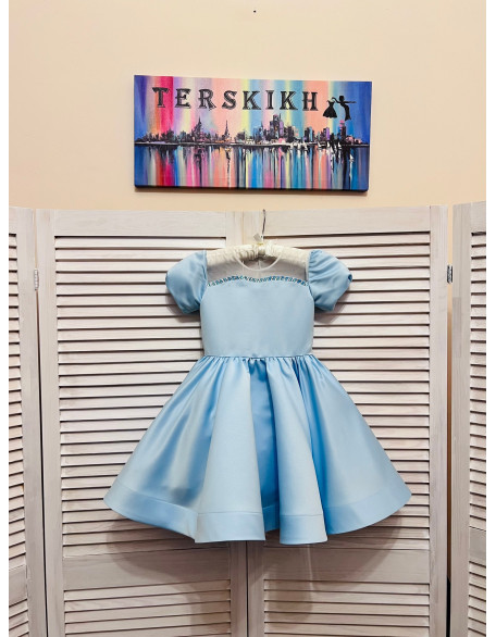 Baby blue pageant cocktail dress with rhinestones/ Knee length dress/ Teens Interview outfit /Custom pageant dress