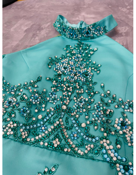 Turquoise  pageant fun fashion outfit with stoned dress and tulle train/ Girls teens pageant outfit/ Runway outfit/ Custom pageant dresses