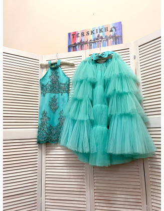 Turquoise  pageant fun fashion outfit with stoned dress and tulle train/ Girls teens pageant outfit/ Runway outfit/ Custom pageant dresses