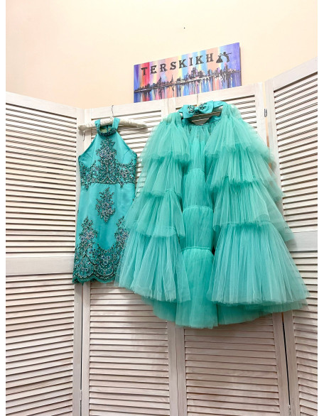 Turquoise  pageant fun fashion outfit with stoned dress and tulle train/ Girls teens pageant outfit/ Runway outfit/ Custom pageant dresses