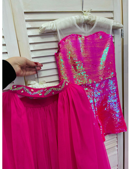 Hot pink sequins pageant fun fashion outfit with train and romper/ Girls teens outfit/ Runway romper with overskirt/  Custom pageant dresses