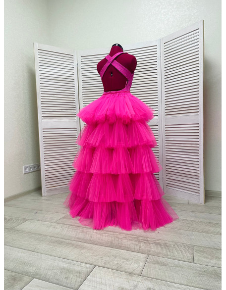 Hot pink pageant fun fashion outfit with stoned dress and tulle overskirt/ Girls teens pageant outfit/ Runway outfit/ Custom pageant dresses