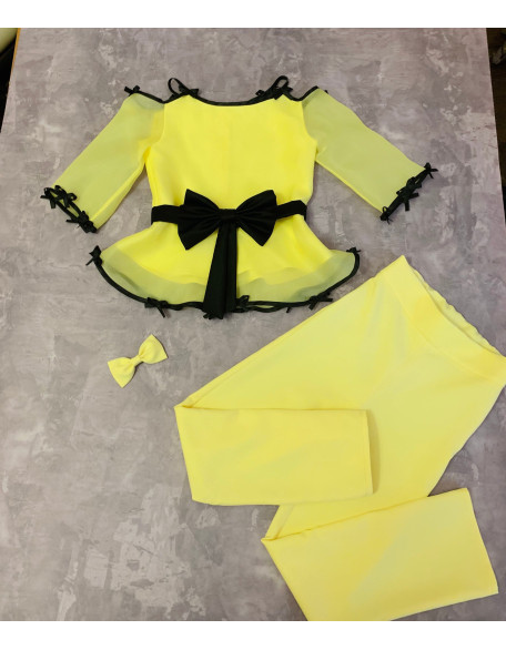 Yellow girls suit with blouse and pants and black trim/ Interview outfit/ Girls casual wear/ Pageant dress/ Casual outfit/ Custom suit