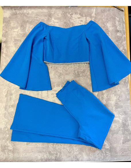 Blue girls suit with top and pants/ Stoned Fringes/ Girls pageant wear/ long sleeves top/ Custom pageant outfit