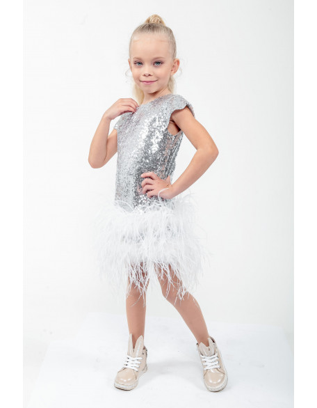 Silver sequins girl feathers dress/ First Birthday outfit/ White Wedding  Boho dress/ Toddler infants dress/ Baby girl dress/ Custom dress