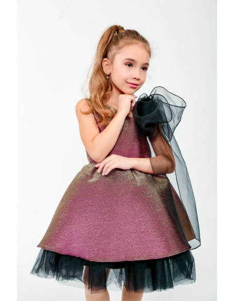 Gold pink girl pageant cocktail dress with black bow/ Pageant outfit/ Teens tulle cocktail dress/  Custom pageant dresses