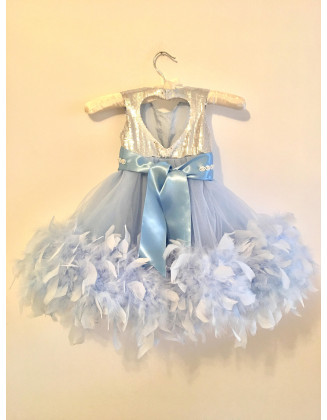 Baby Blue Silver Pageant dress/ Feathers girl dress/ First Birthday Dress/ Princess dress/ Flower girl dress/ Fluffy tulle dress