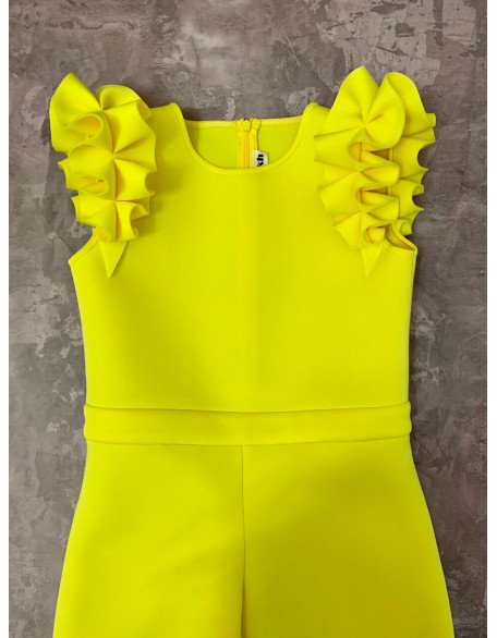 Bright hot yellow girl neoprene jumpsuit with ruffle sleeves/ Casual romper/ Girls casual wear/ Ruffles romper/ Custom outfit