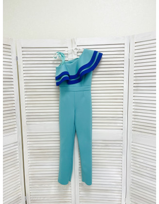 Mint turquoise girl neoprene jumpsuit with ruffles and royal blue trim/ Casual romper/ Girls casual wear/ Ruffles romper/ Custom outfit