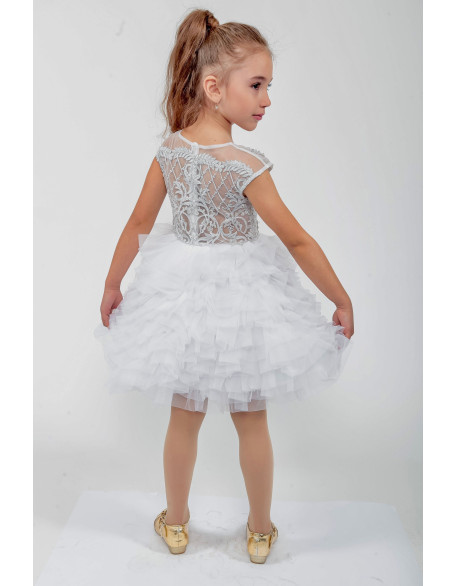 White Silver Pageant cocktail dress/ Tulle ruffles glitter lace girl dress/ First Birthday Dress/ Flower girl dress/ Wedding dress