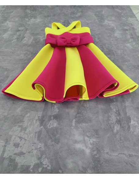 Hot pink and yellow girl neoprene scuba dress with bow belt/ Casual outfit/ Girls casual wear/ Custom pageant outfit