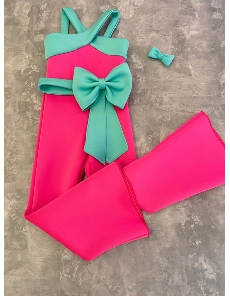 Hot pink girl neoprene jumpsuit with mint details and bow belt/ Scuba romper/ Girls casual wear/ Neoprene romper/ Custom pageant outfit