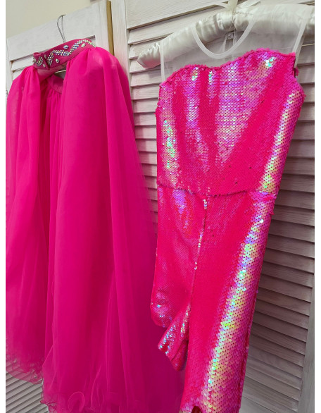 Hot pink sequins pageant fun fashion outfit with train and romper/ Girls teens outfit/ Runway romper with overskirt/  Custom pageant dresses