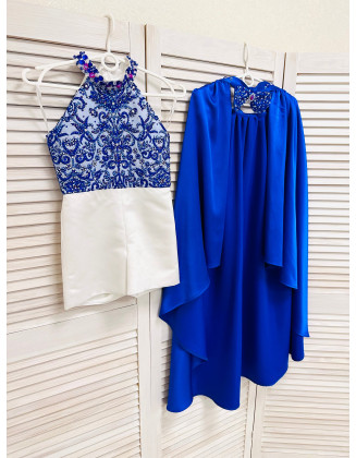 Royal blue pageant fun fashion outfit with stoned romper and satin overskirt/ Girls teens pageant Runway outfit/ Custom pageant dresses