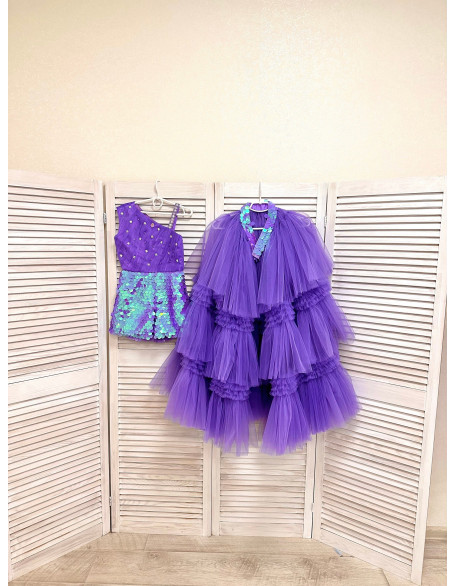 Lavender lilac pageant fun fashion outfit with sequins romper and tulle overskirt/ Girls pageant Runway outfit/ Custom pageant outfit