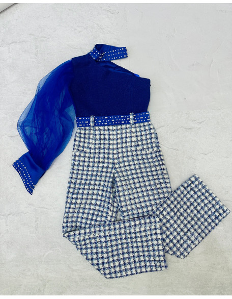 Royal blue tweed girls pageant jumpsuit with one sleeve and beads/ Girls interview outfit/ Pageant casual wear/ Custom pageant outfit