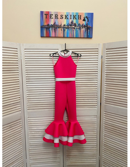 Bright pink and white girls neoprene scuba jumpsuit with ruffles bell pants/ Casual romper/ Girls casual wear/ Custom pageant outfit