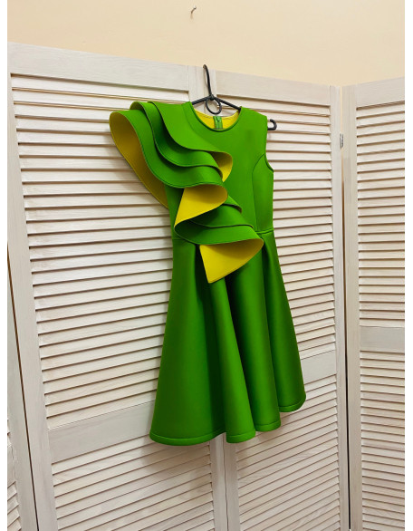 Green yellow girl neoprene scuba dress with ruffles/ Interview pageant dress/Girls pageant wear/ Ruffles dress/ Custom pageant outfit