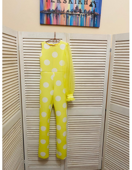 Bright yellow white polka dots  girl neoprene jumpsuit with one sleeve/ Casual romper/ Girls casual wear/ Ruffles romper/ Custom outfit