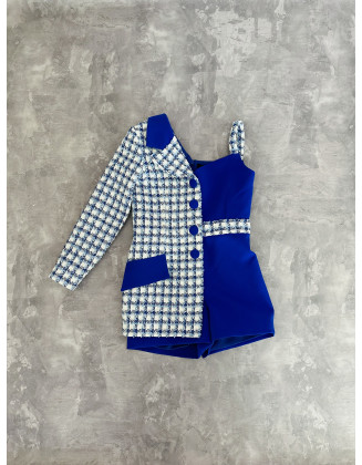 Royal blue asymmetrical tweed girls pageant romper with one sleeve/ Girls casual outfit/ Pageant casual wear/ Custom pageant outfit