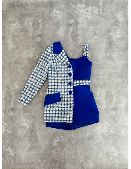 Royal blue asymmetrical tweed girls pageant romper with one sleeve/ Girls casual outfit/ Pageant casual wear/ Custom pageant outfit