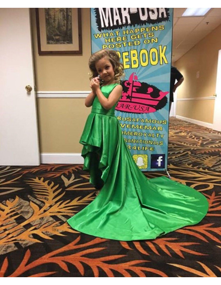 Grass green pageant high low dress with long train /Fun fashion pageant outfit/ Runway dress/ Green satin dress with train / Custom dresses