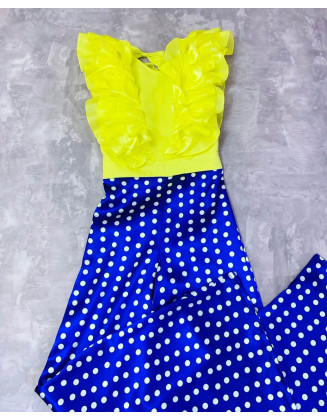 Hot yellow girl jumpsuit with ruffle and royal blue polka dots pants/ Casual romper/ Girls casual wear/ Ruffles romper/ Custom pageant wear