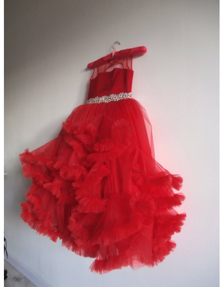 Red tulle fluffy girl dress with crystals belt/ Flower girl dress/ Toddler dress/ Baby pageant dress/Custom girl dress