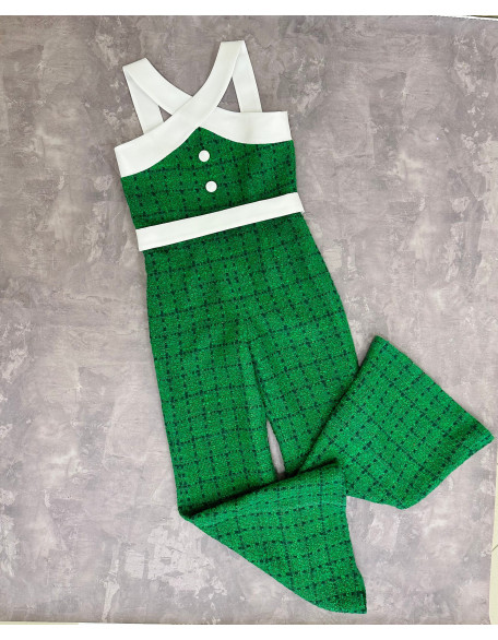 Grass green tweed girls pageant jumpsuit with white accents/ Girls interview outfit/ Pageant casual wear/ Custom pageant outfit