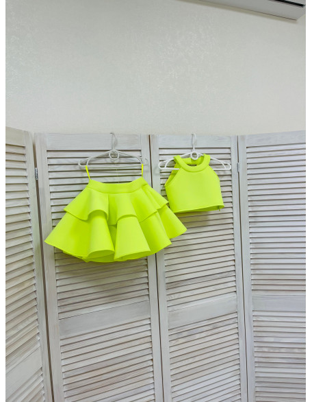 Neon lime yellow neoprene/ scuba girls suit with top and shorts with ruffles/ Girls casual outfit/ Toddler suit/ Custom pageant suit