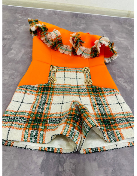 Orange and green checkered tweed girls pageant romper with ruffle/ Girls casual outfit/ Pageant casual wear/ Custom pageant outfit