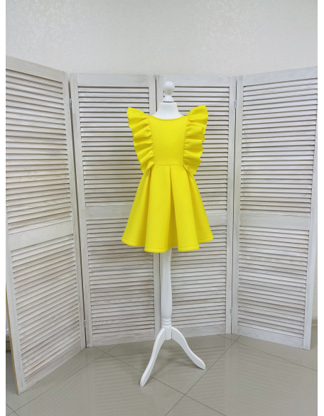 Yellow girl neoprene scuba dress with ruffles and bows/ Interview girls dress/ Custom pageant outfit