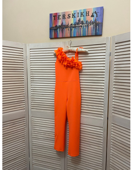 Bright neon orange girls jumpsuit with ruffle/ Casual romper/ Girls casual wear/ Ruffles romper/ Custom outfit