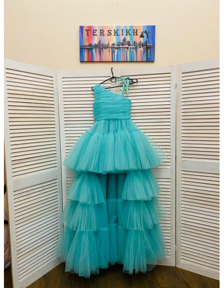 Turquoise mint  tulle high low one shoulder girls dress/ Fun fashion dress/ Runway dress/ Custom pageant dresses