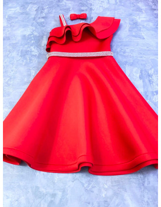 Red girl neoprene scuba dress with ruffles and belt/ Cocktail dress/ Girls casual wear/ Ruffles dress/ Custom pageant outfit