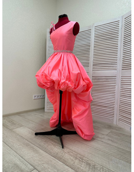 Neon pink taffeta high low one shoulder girls dress/ Fun fashion dress/ Runway dress/ Custom pageant dresses