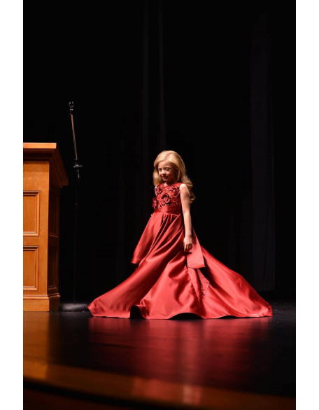 Burgundy pageant high low dress with long train /Fun fashion pageant outfit / Dark red satin dress with train / Custom girls pageant  dress