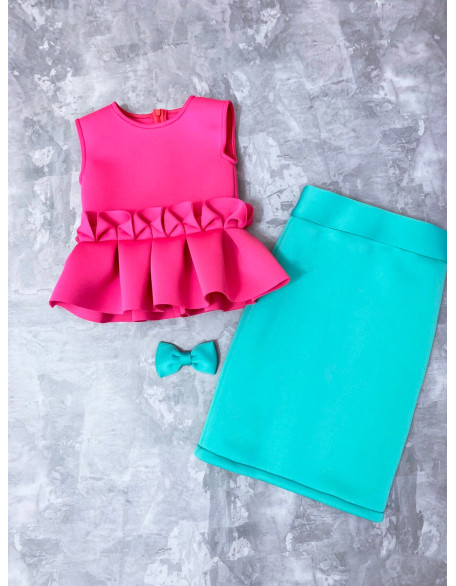 Mint turquoise and hot pink girls suit with top and skirt/ Casual pageant outfit/ Girls casual wear/Custom Scuba suit/ Interview outfit