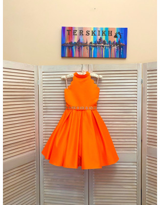 Neon orange pageant cocktail dress with scrolled neckline and stoned belt/ Knee length dress/ Girl cocktail outfit/ Custom pageant dresses