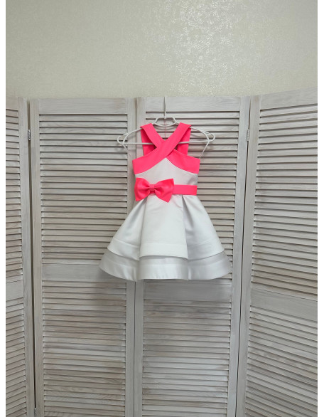 White pageant cocktail dress with pink straps and bow belt/ Pageant outfit/ Teens cocktail dress/  Custom pageant dresses