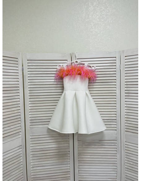 White girl neoprene scuba dress with orange and pink feathers/Girls pageant wear/ Cocktail feathers dress/ Custom pageant outfit