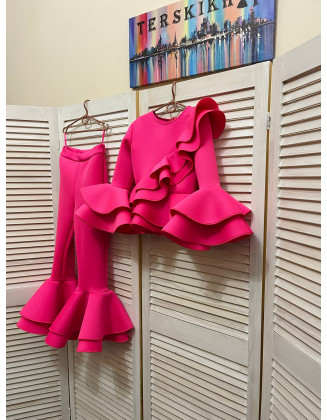 Hot pink neoprene/ scuba girls suit with top and pants with ruffles/ Girls casual outfit/ Interview outfit/ Custom pageant suit